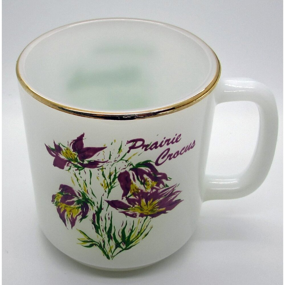 Glasbake Coffee Mug Prairie Crocus Manitoba Provincial Floral Emblem Gold Rim